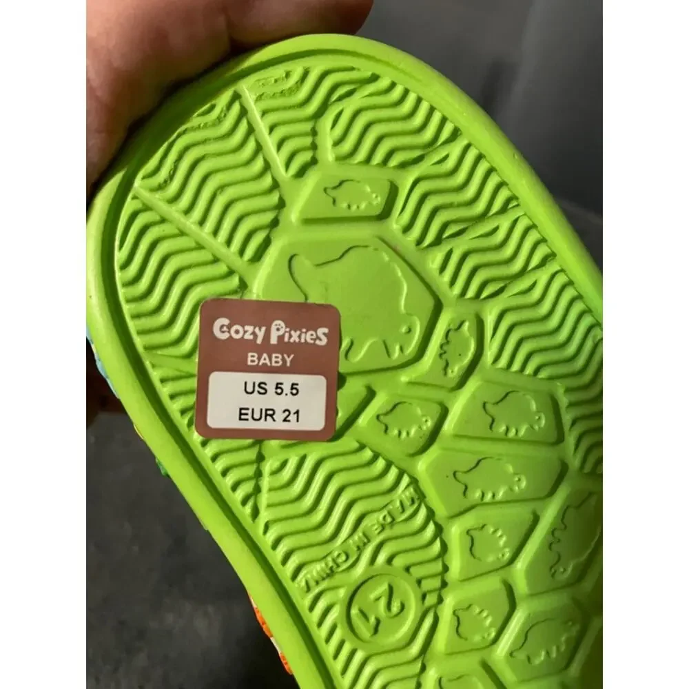 Cozy Lime Green Dinosaur Kids Faux-Fur Lined Slip-On Clogs light up NWOT